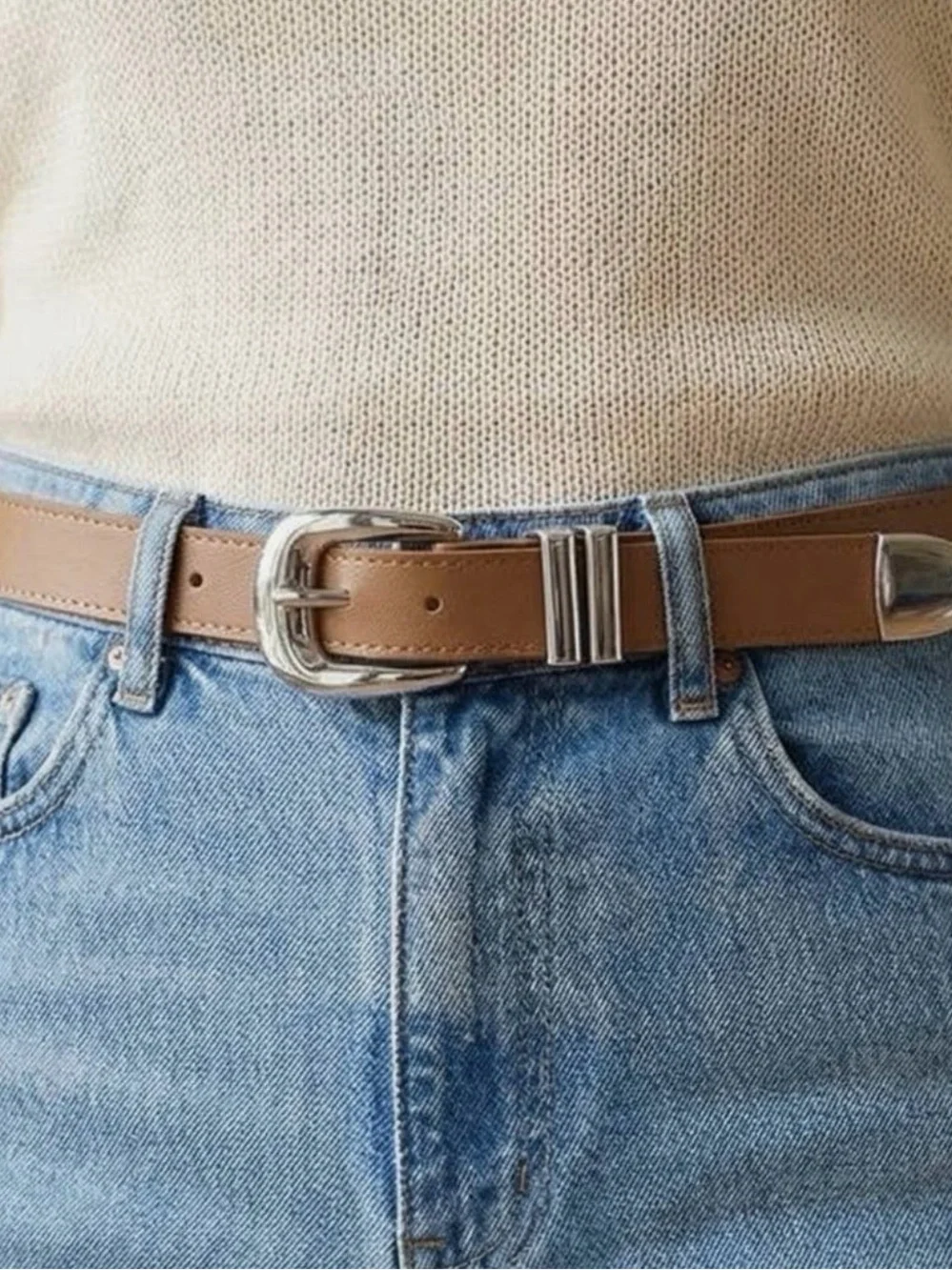 Brown Sleek Silver Buckle Leather Belt